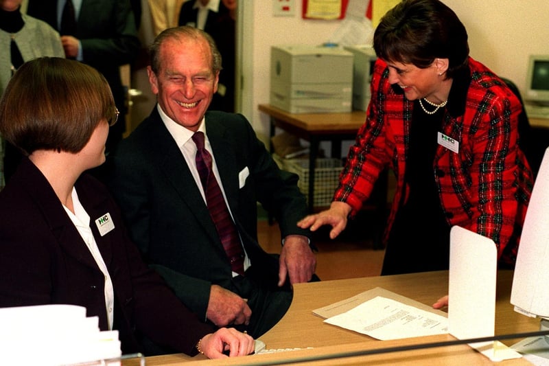 Prince Philip meets Jo Tasker (left) and Helen Barrett on his tour of Harrogate District Hospital's records department in 1998.