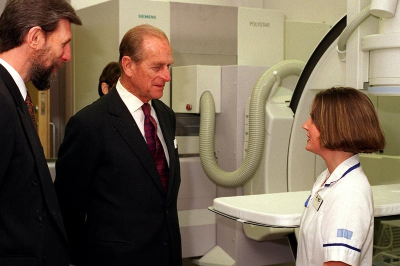 Prince Philip meets radiographer Janet Porter at Harrogate District Hospital in 1998.