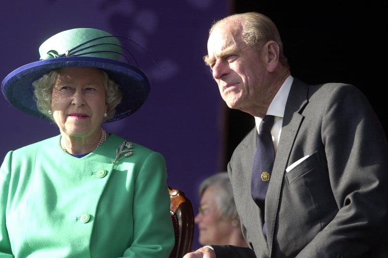 Prince Philip and The Queen on stage at Temple Newsam on her Royal Jubilee visit in July 2002.