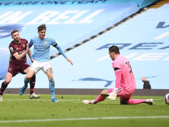 ICE COOL: Stuart Dallas calmly slots home a 91st-minute winner in Saturday's Premier League clash at runaway leaders Manchester City. Photo by Michael Regan/Getty Images.