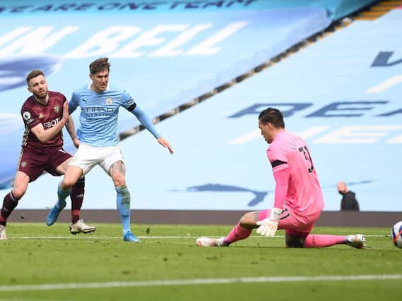 ICE COOL: Stuart Dallas calmly slots home a 91st-minute winner in Saturday's Premier League clash at runaway leaders Manchester City. Photo by Michael Regan/Getty Images.