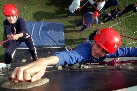 1998: Nicholas Jackson and Stephen Edwards scaling new heights on the Duke of Edinburgh's Award Scheme display during the Royal Lancashire Show in Chorley.