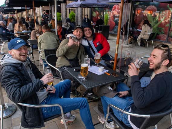 Enjoying a beer at the New Conservatory in Leeds as non essential shops and services re-open following easing of Covid lockdown measures (photo: Bruce Rollinson).