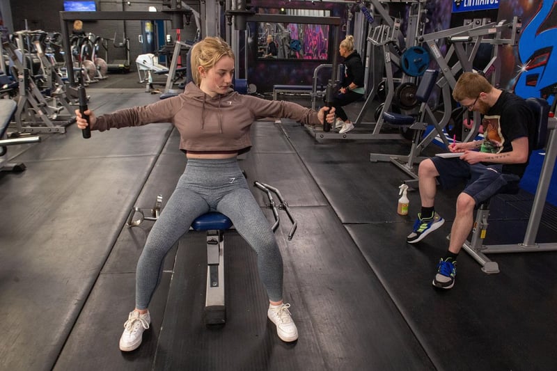 Abbey working out at Trident Fitness in Morley, as non essential shops and services re-open following easing of Covid lockdown measures (photo: Bruce Rollinson).