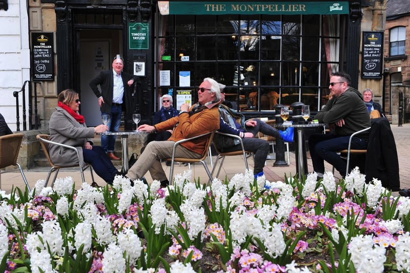 Visitors enjoy the outside beer garden at The Montpellier, Harrogate, that has been closed for 307 days.