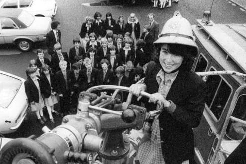 The original caption for this press photograph was, 'Pontefract fire brigade visited St Wilfrid's RC High School, Featherstone, on Monday, at the start of a week-long fire prevention campaign