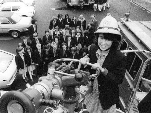 The original caption for this press photograph was, 'Pontefract fire brigade visited St Wilfrid's RC High School, Featherstone, on Monday, at the start of a week-long fire prevention campaign