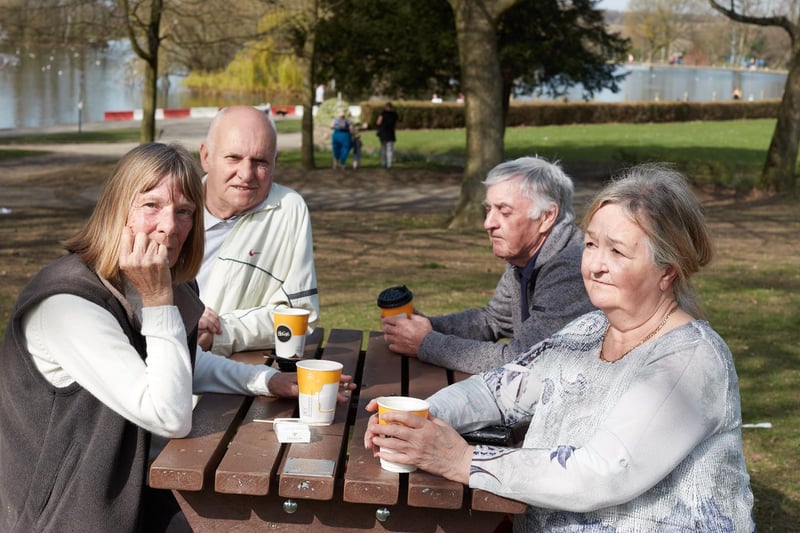 But things changed this week, when people were once again allowed to meet outside. Here, friends enjoy a takeaway drink and chat in Pontefract Park.