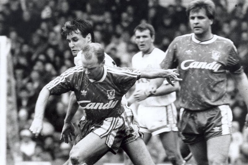 Liverpool's David Speedie powers forward with Jan Molby watching on. He scored for the Reds that day.