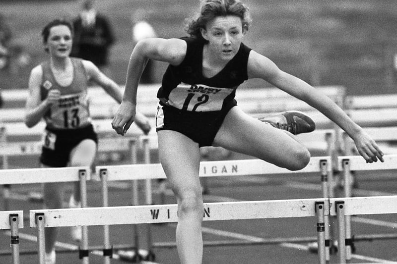 Wigan Harriers Susan Jones shows her style in the 75 metres hurdles Under 20s event in the Northern Counties Championships at Robin Park on Sunday 26th of May 1991.