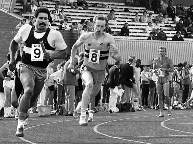 World, Olympic and European decathlon champion Daley Thompson in the outside lane in a relay race representing his club Essex Beagles at Robin Park, Wigan, on Saturday 5th of July 1986.