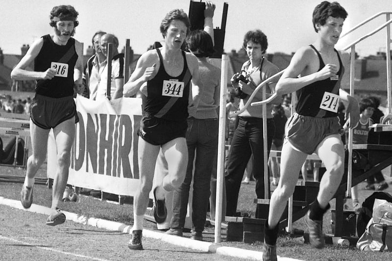 Wigan Harriers Warren Liptrot, Frank McGreavey and Bill Halsall competing in the 3000 metres at the Visionhire athletics meeting at Woodhouse Stadium on Sunday June 21st 1981.
