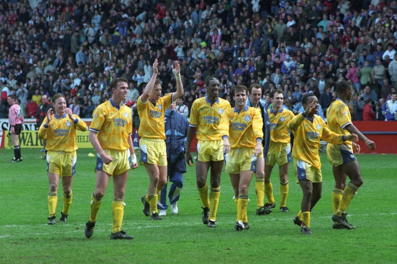 Leeds United and Carl Shutt celebrate after beating Sheffield United to put them within touching distance of the First Division title.