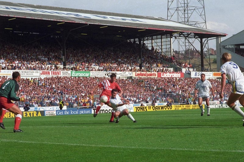 Carl Shutt scores against Liverpool at Elland Road in 1991.