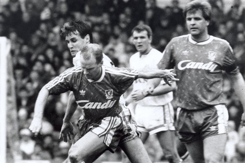 Carl Shutt challenges the Liverpool defence at Elland Road in 1991.