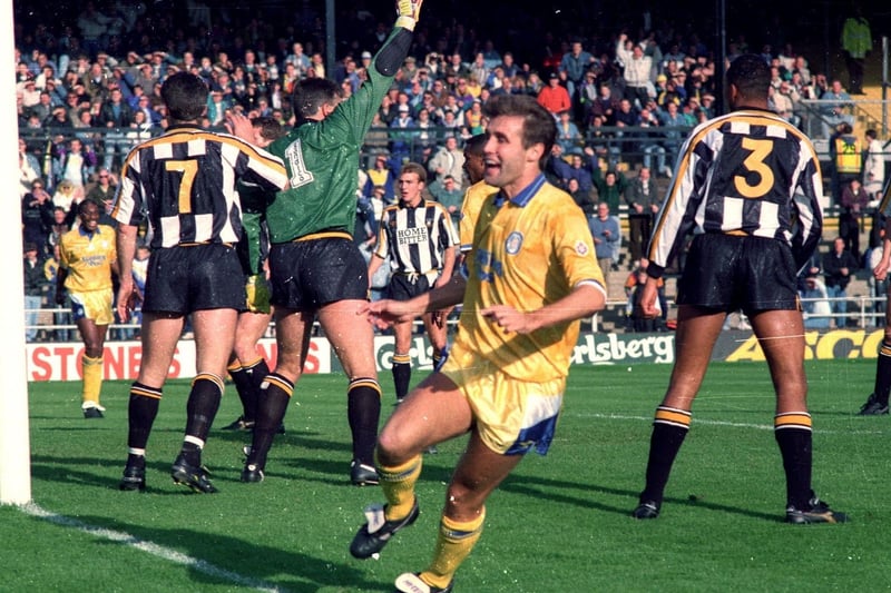 Carl Shutt celebrates a Leeds United goal against Notts County in 1991.