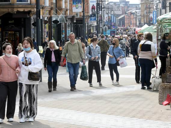 Leeds city centre as hospitality and non-essential shops reopened on the first weekend.