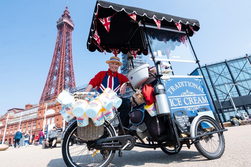 David Prest selling ice creams on the Prom in front of Blackpool Tower.