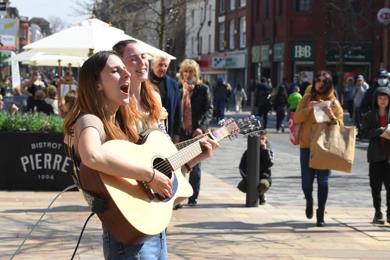The first Saturday in Preston after lockdown was lifted- Buskers: Mary Jane (left) and Samantha Lloyd