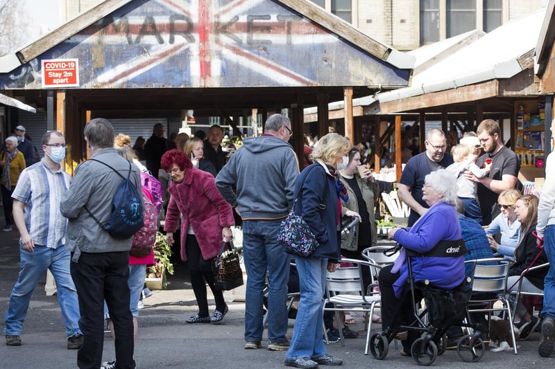 Shoppers at the Outdoor Market in Brighouse.