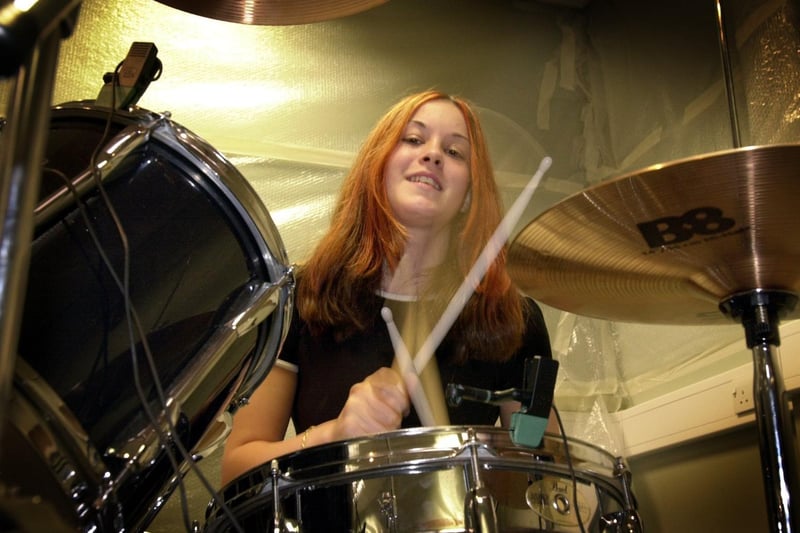 Drummer Melissa Atkinson at Cockburn High School in October 2001.