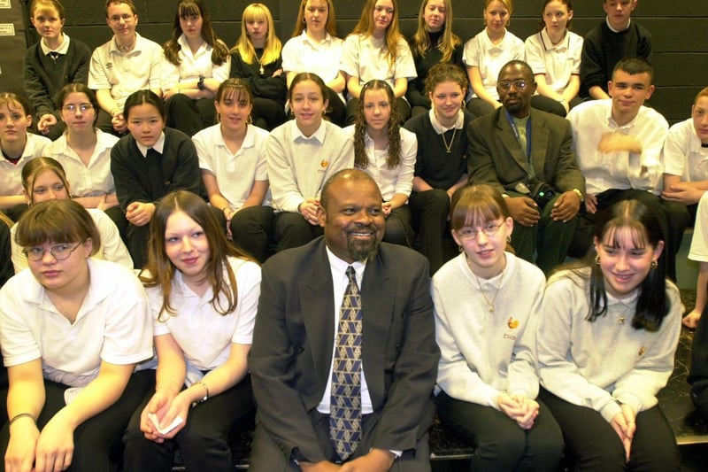 May 2001 and The Lord Mayor of Durban Obed Mlaba is pictured with drama students at Cockburn High School.