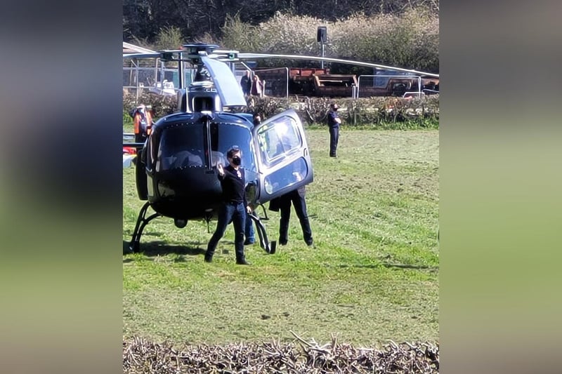 The A-list star waving by a helicopter, which had been seen flying over Scarborough. Photo courtesy of Pear Tree B and B and Holiday Cottages.