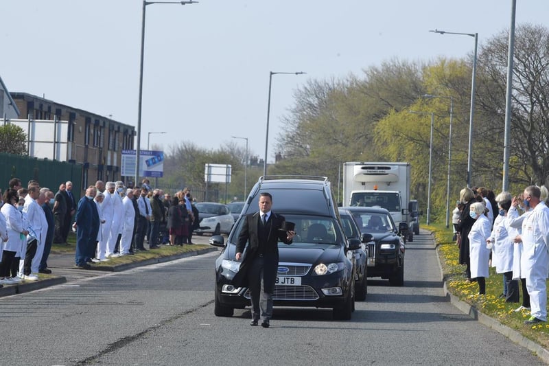 The cortege was then joined by clergy from nearby St Peter's Church, including Father John Hall who was to conduct the funeral, and six of them walked ahead of the hearse and led it to the church.