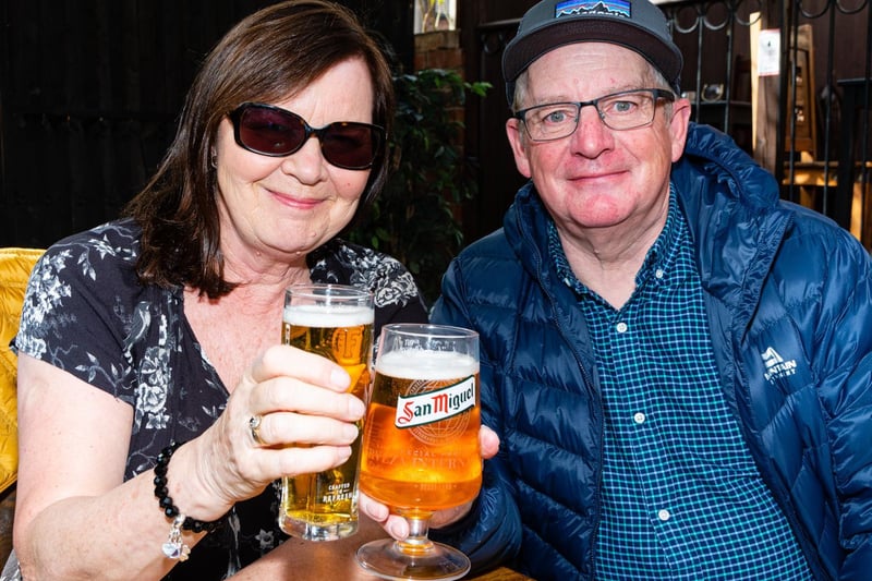 Sue Beswick and Alan Larsen enjoy a drink in The Wellington, Preston.