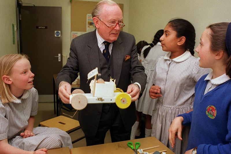 Pudsey MP Sir Giles Shaw watches pupils building machines in 'The Great Egg Race' at Fulneck School in May 1996