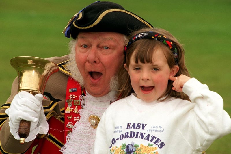 Leeds Town Crier Stanley Haigh with Charlotte Roberts at Pudsey Carnival in May 1996.