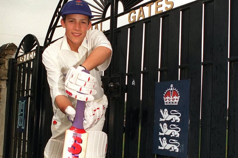 This is Chris Taylor who had been selected to play for the England U-15s in July 1996. He is pictured outside the Sir Leonard Hutton Memorial Gates at Pudsey St Lawrence CC.