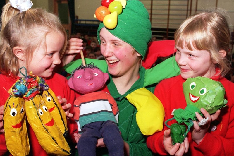 Puppeteer Kath Shackleton with children Lindsay Yeadon, and Laura Bembow at Pudsey Lowtown Junior and Infant School in May 1996.