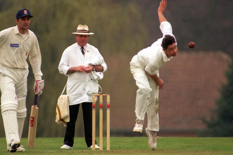 Pudsey St. Lawrence captain Chris Gott sends one down against Yorkshire Bank's Mike Smith in April 1996.