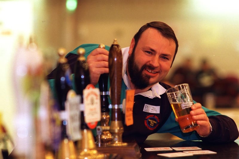 Pudsey Civic Hall hosted the Yorkshire Evening Post Beer Festival in March 1996. Pictured is CAMRA member Gary Whiting who had half his beard shaved off for charity.