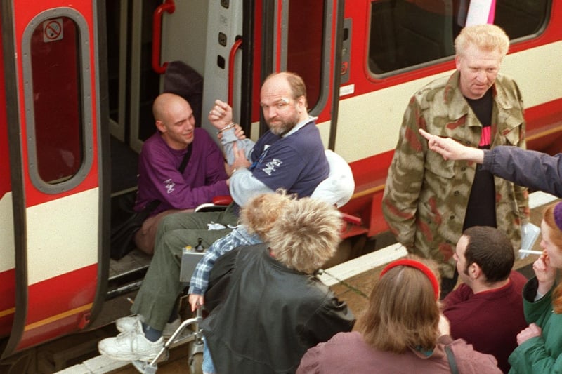 Octoebr 1996 and commuters faced chaos at New Pudsey Station when wheelchair-bound members of the Disabled Peoples Direct Action Network handcuffed themselves to a train
