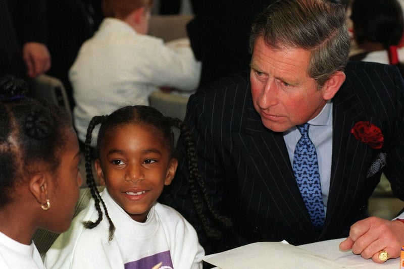 HRH the Prince of Wales at the launch of the Yorkshire and Humber Right to Read program at the YEP. He is pictured talking with Ashlie David and Monique Gatewood-Esdaille.