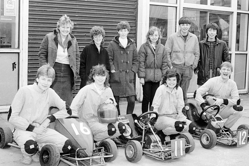 Here, members of the Allerton Bywater Go Kart team pose with their racers in February 1985.