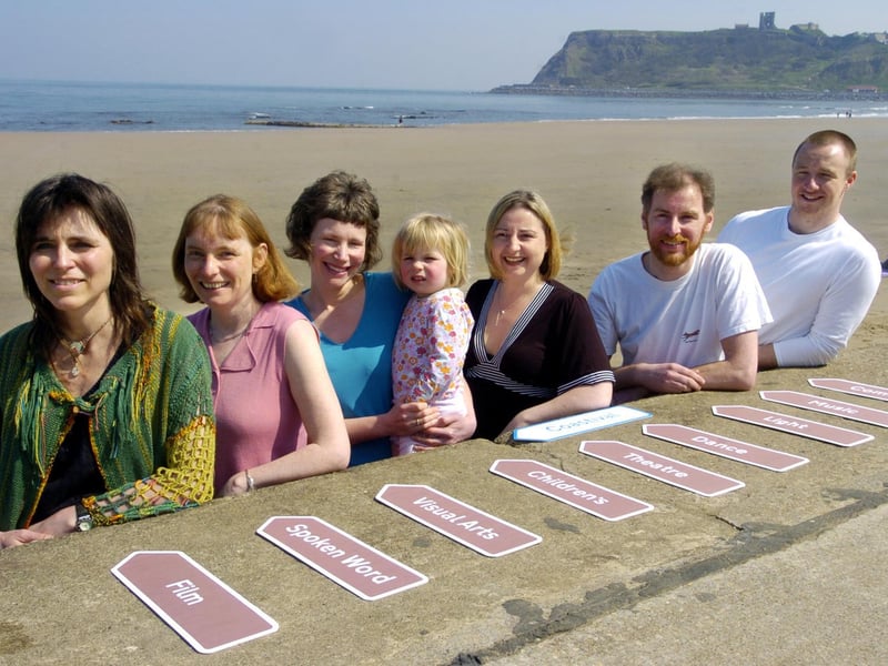 Getting ready for the Arts Festival launch, from left, Claudia Nye, Kate Evans, Dorcas Taylor with two year old Rosa, Wendy Clews, Anthony Springall, and James Rush.