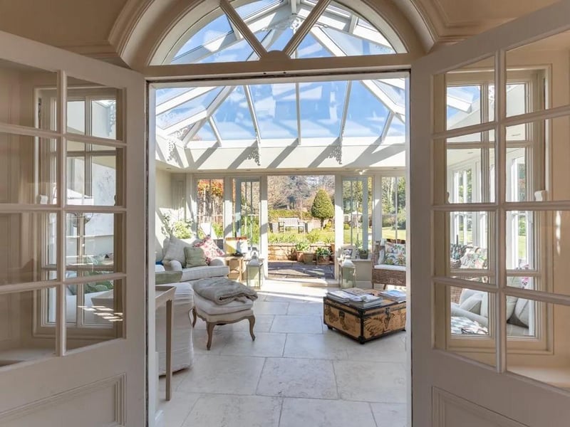 View through the orangery to gardens outside