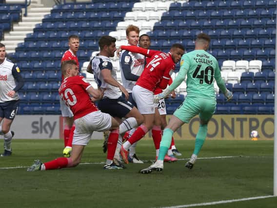 Ched Evans scores Preston's second goal against Barnsley at Deepdale