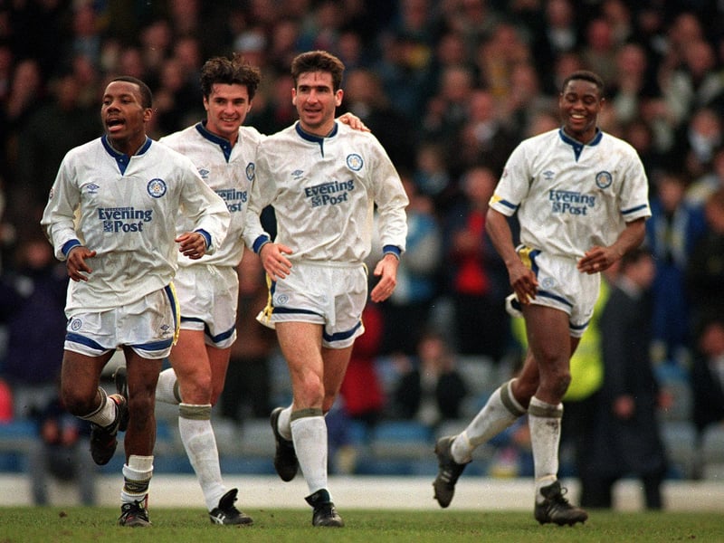 Eric Cantona celebrates scoring on his Elland Road debut in February 1992. Leeds beat Luton Town 2-0.