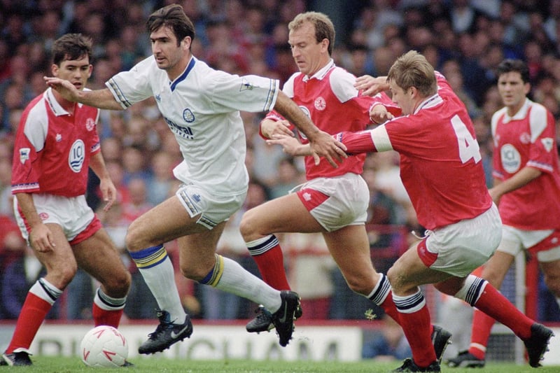 Eric Cantona drives forward against Middlesbrough at Ayesome Park in August 1992. He scored in a 4-1 defeat.