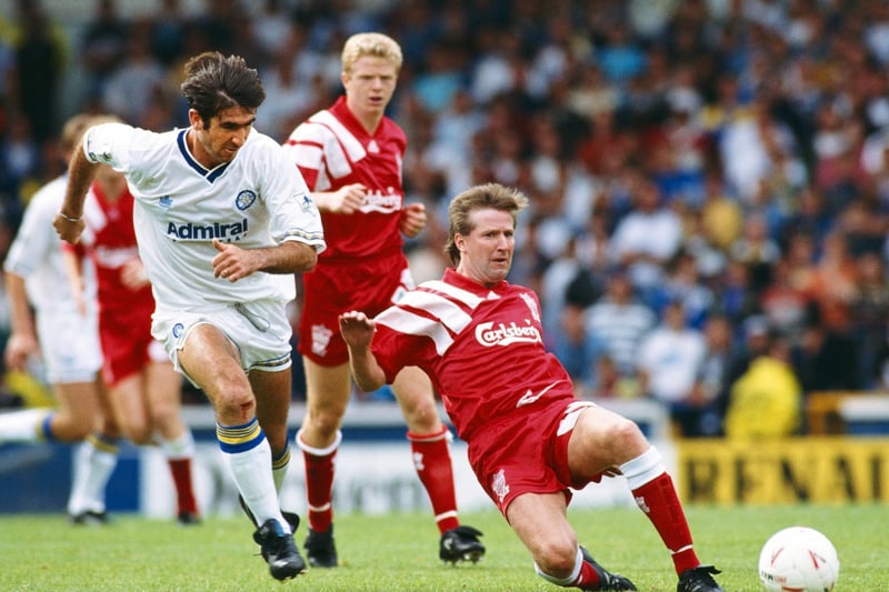Eric Cantona hunts down Liverpool's Ronnie Whelan during the Premier League clash at Elland Road in August 1992. The game finished 2-2.