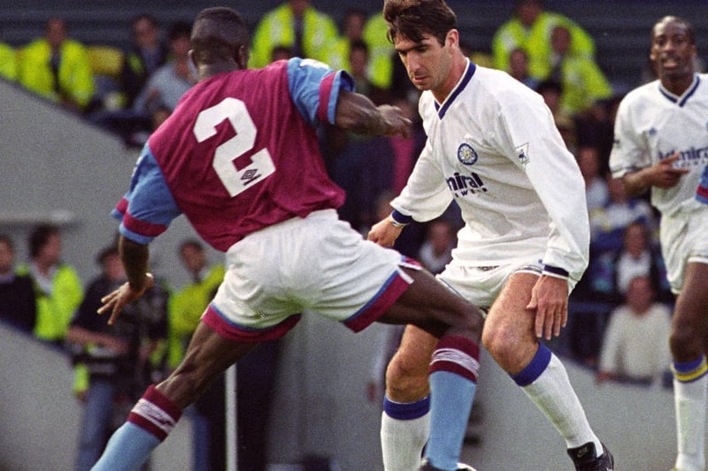 Eric Cantona in action against Aston Villa at Elland Road in September 1992. Steve Hodge scored for the Whites in a game which finished 1-1.