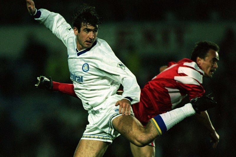 Eric Cantona in European Cup first round second leg action against VfB Stuttgart at Elland Road in September 1992. He scored in a 4-1 win which led to a replay in the Nou Camp.