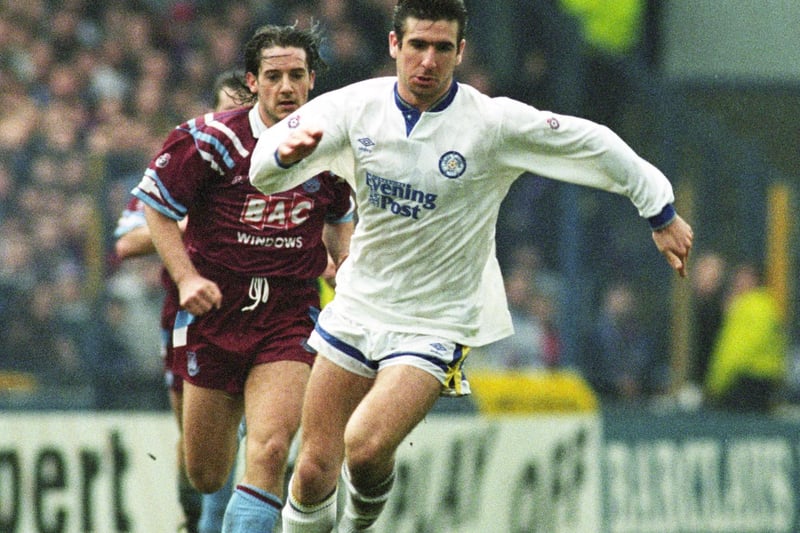 Eric Cantona drives forward against West Ham United at Elland Road in March 1992. The game finished goalless.
