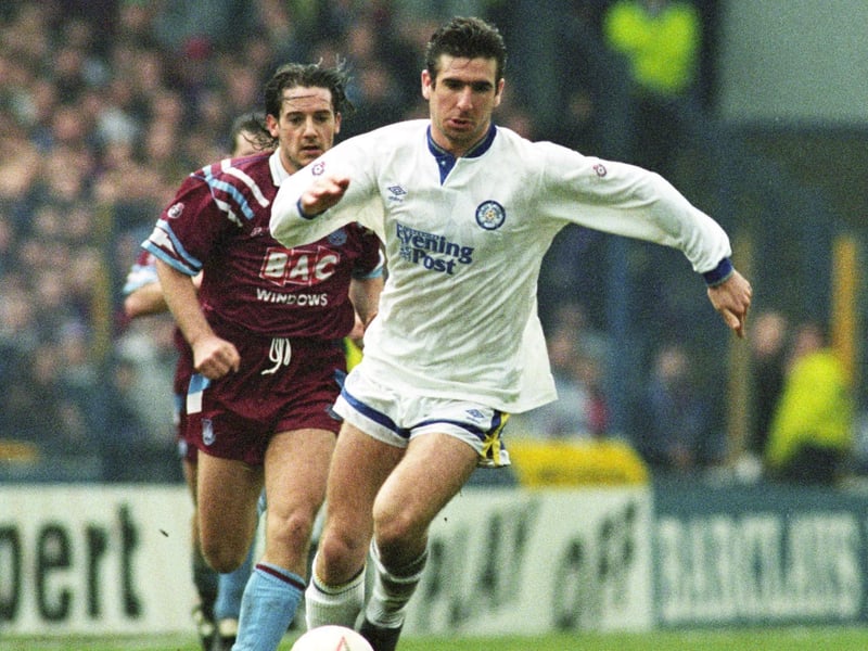 Eric Cantona drives forward against West Ham United at Elland Road in March 1992. The game finished goalless.