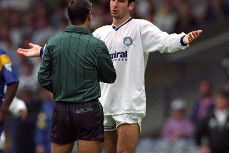 Eric Cantona makes his point to the referee during Leeds United's Prmier League clash against Wimbledon at Elland Road in August 1992. Leeds won 2-1.