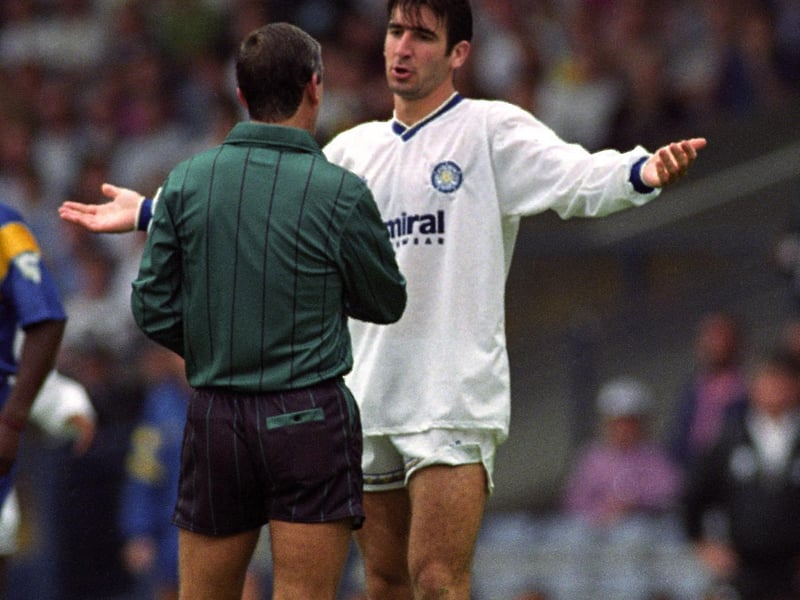 Eric Cantona makes his point to the referee during Leeds United's Prmier League clash against Wimbledon at Elland Road in August 1992. Leeds won 2-1.